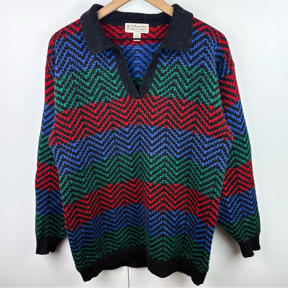 Vintage 100% Wool Collared Red Blue Green Chevron Zig Zag Striped V Neck Sweater - Picture 2 of 7